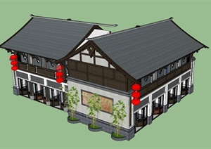 中式双层沿街商业楼建筑设计SU(草图大师)模型