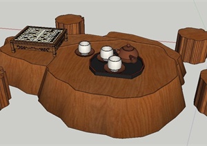 中式木制茶桌凳SU(草图大师)模型
