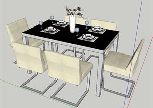 室内装饰简约六人座餐桌椅SU(草图大师)模型