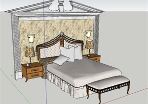 欧式风格卧室床及床头背景墙SU(草图大师)模型