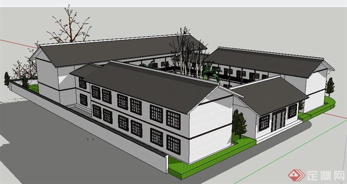 现代中式风格社区办公中心建筑设计su模型(2)