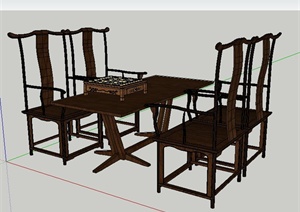 中式风格木制靠椅及木桌SU(草图大师)模型