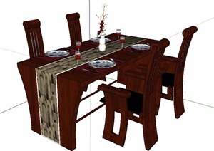 室内装饰中式木制餐桌椅SU(草图大师)模型