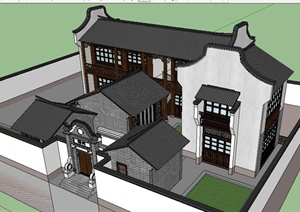 中式风格私人庭院住宅建筑设计SU(草图大师)模型