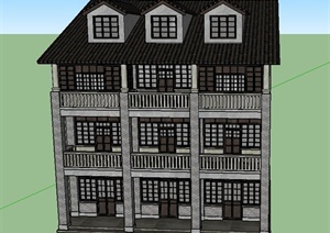 某古典中式三层联排住宅建筑设计SU(草图大师)模型