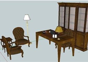 中式风格书桌椅、书柜、沙发边几SU(草图大师)模型