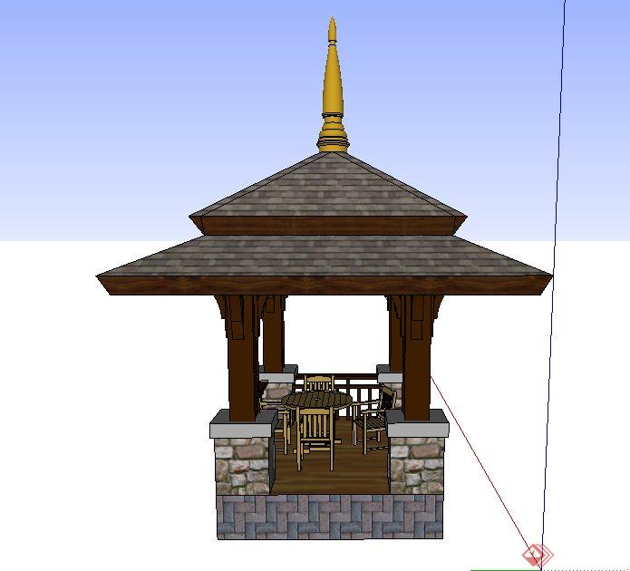某东南亚风格重檐四角亭设计SU模型(1)