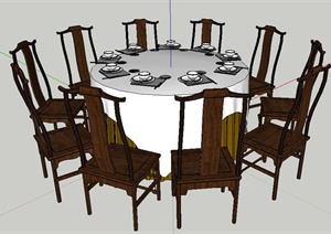 中式风格十人座圆形餐桌椅SU(草图大师)模型