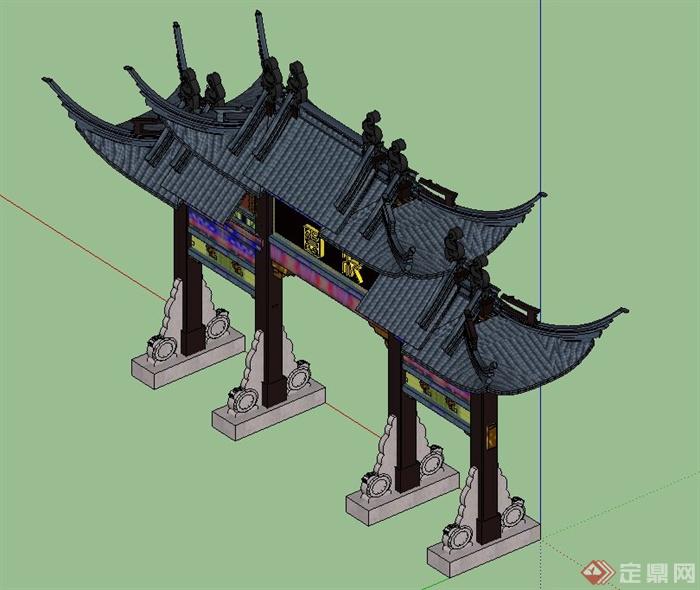 某古典中式风格大型重檐牌坊设计SU模型(2)