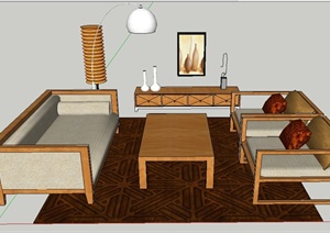 客厅简约中式风格沙发茶几组合SU(草图大师)模型