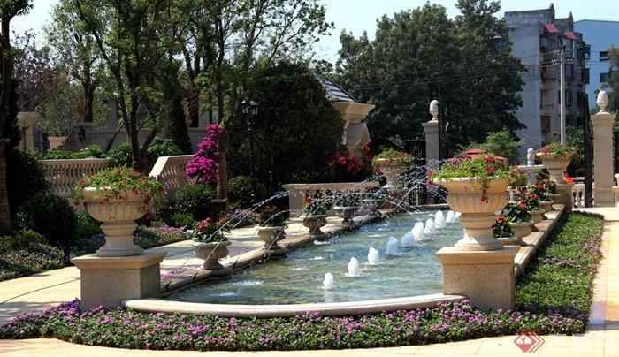 喷泉水景,景观水池,花钵柱,花卉植物