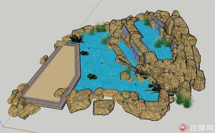 园林景观节点水景与景石组合设计SU模型(2)