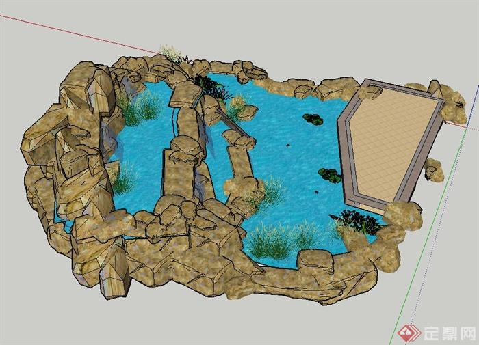 园林景观节点水景与景石组合设计SU模型(3)