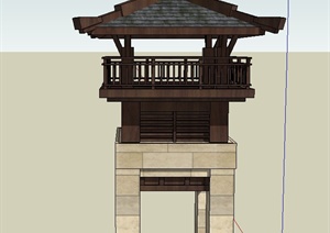 古典中式两层方形塔楼建筑设计SU(草图大师)模型