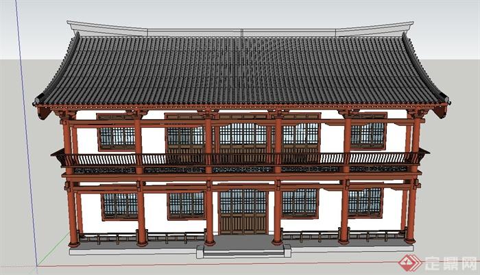 古典中式风格两层茶楼建筑设计SU模型(2)