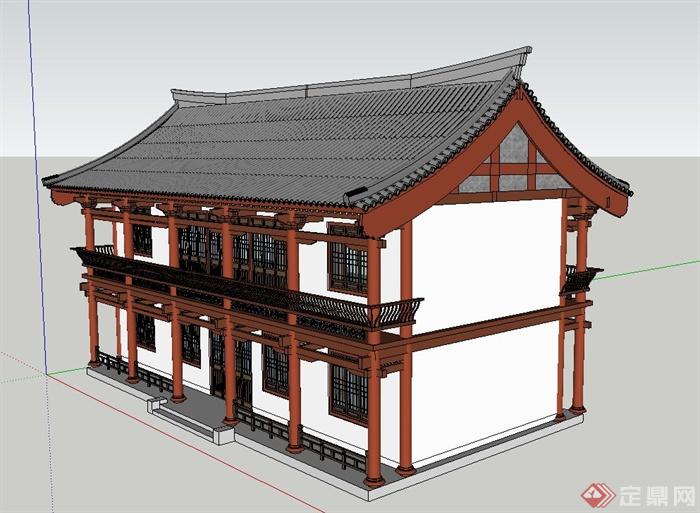 古典中式风格两层茶楼建筑设计SU模型(3)