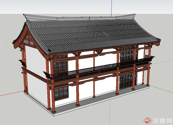 古典中式风格两层茶楼建筑设计SU模型(4)