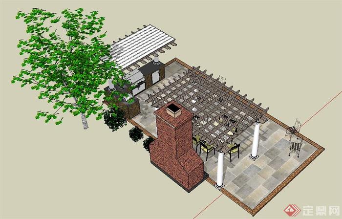 现代某庭院景观廊架设计SU模型(2)