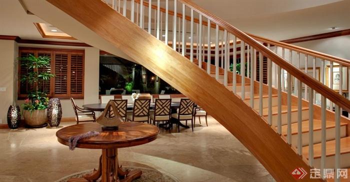 木桌,旋转楼梯,餐厅