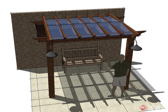 某庭院景观节点单脚廊架与墙体设计SU模型(1)