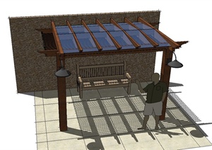 某庭院景观节点单脚廊架与墙体设计SU(草图大师)模型