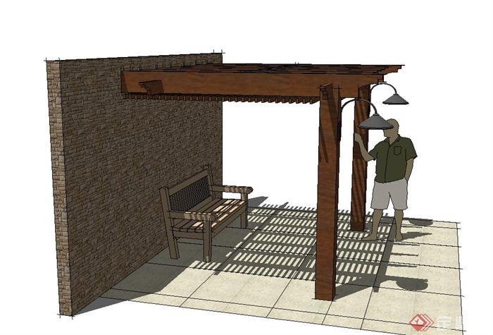 某庭院景观节点单脚廊架与墙体设计SU模型(3)