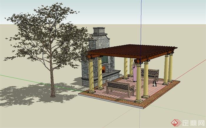某庭院景观节点方形廊架设计SU模型(2)