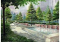 方形水池,水景墙,园路,观叶植物