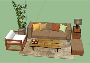 中式褐色沙发家具设计SU(草图大师)模型