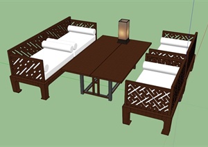中式木制休闲桌椅设计SU(草图大师)模型