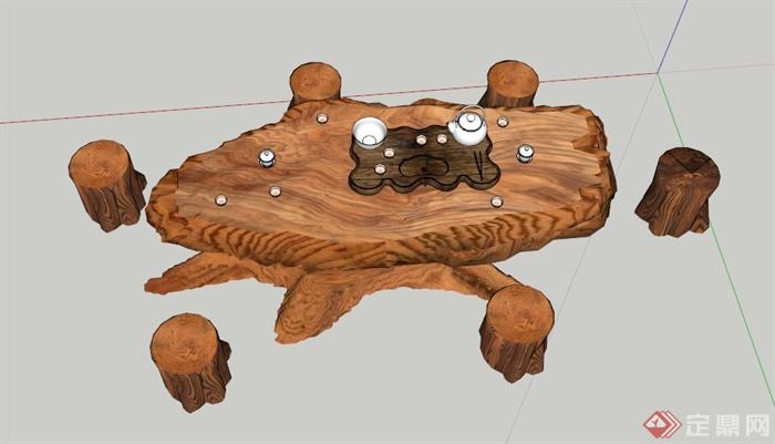 根雕茶桌凳设计SU模型(1)