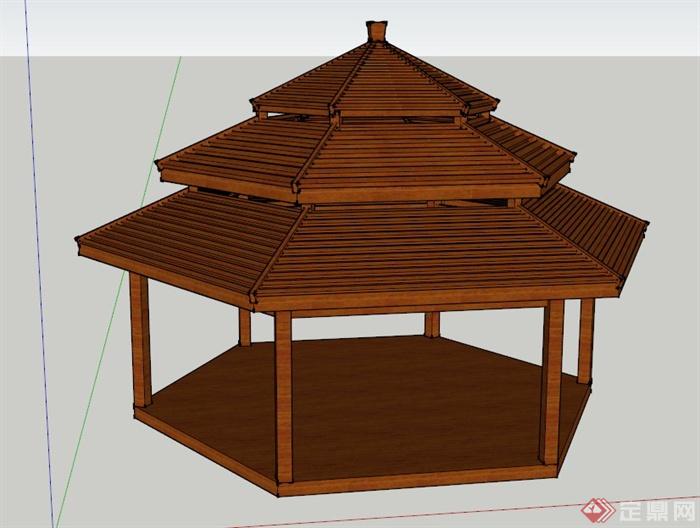 木制三重檐六角亭设计SU模型(1)