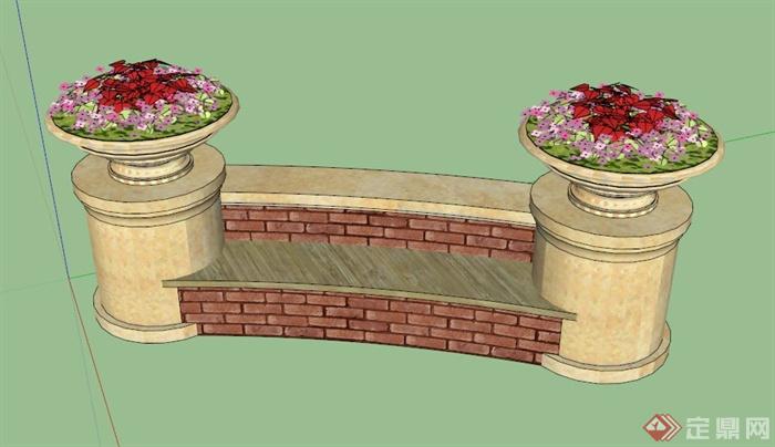 花钵柱矮墙坐凳设计SU模型(1)