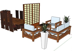 一组日式风格沙发茶几、餐桌椅SU(草图大师)模型