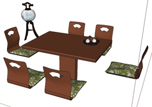 日式风格六人座餐桌椅及落地灯SU(草图大师)模型