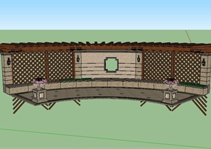 某木质弧形廊架、景墙、花钵组合设计SU(草图大师)模型