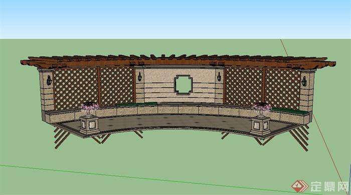 某木质弧形廊架、景墙、花钵组合设计SU模型(1)