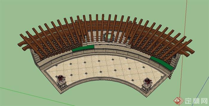 某木质弧形廊架、景墙、花钵组合设计SU模型(3)