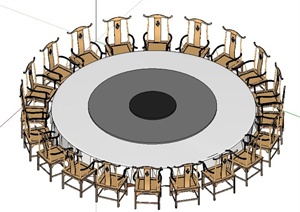 中式风格20人座圆形餐桌椅SU(草图大师)模型