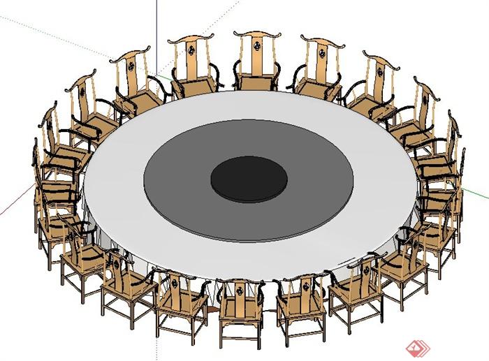中式风格20人座圆形餐桌椅su模型(1)