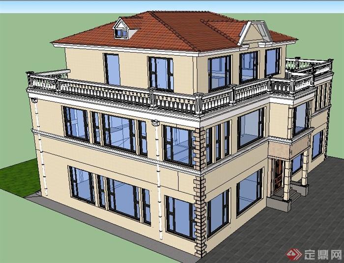 现代风格三层别墅建筑设计su模型（含效果图）(3)