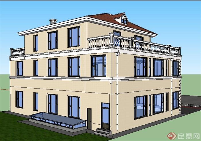 现代风格三层别墅建筑设计su模型（含效果图）(4)