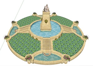 水池、花池组合水景设计SU(草图大师)模型