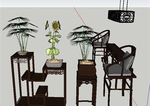 中式风格太师椅、吊灯SU(草图大师)模型