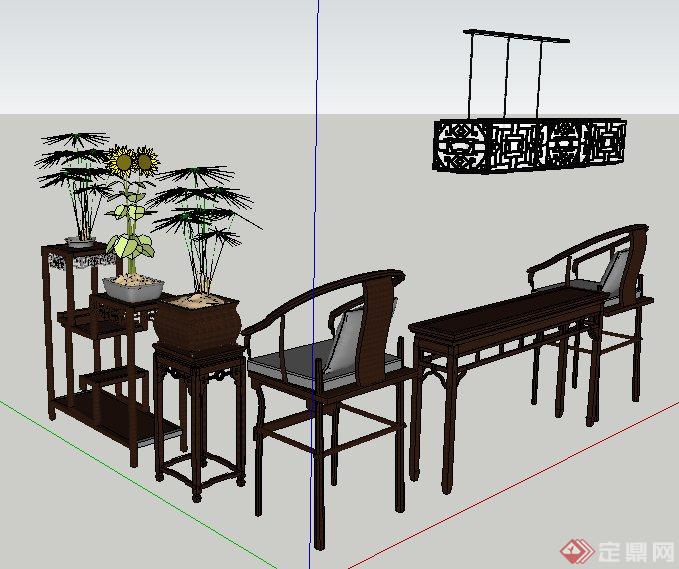 中式风格太师椅、吊灯su模型