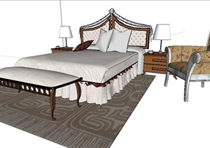 室内装饰新古典床及床头柜组合SU(草图大师)模型