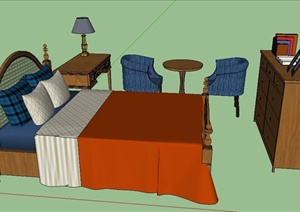 美式风格床及床头柜家具组合SU(草图大师)模型