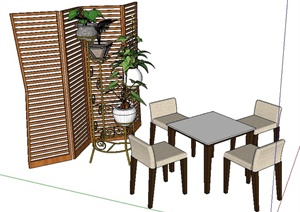 现代风格餐桌椅及植物架SU(草图大师)模型