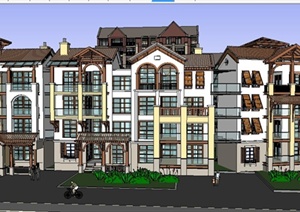 美式风格联排多层及小高层住宅建筑设计SU(草图大师)模型