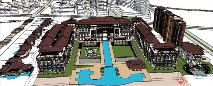 东南亚风格酒店及住宅建筑设计su模型(1)